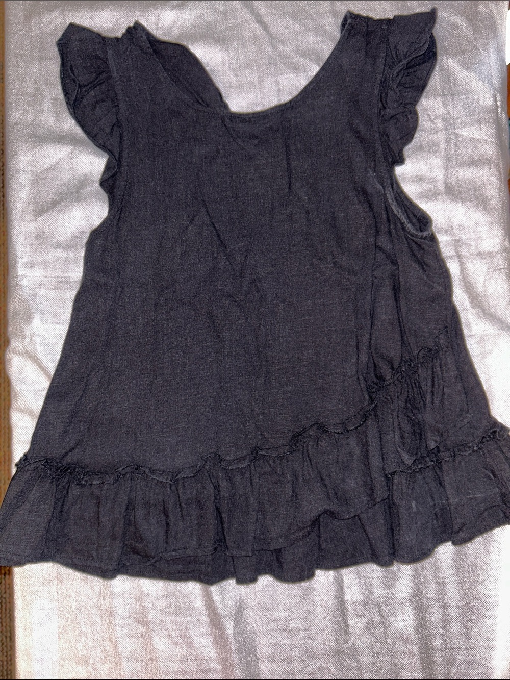 Double Ruffle-Hem and cap sleeves Sleeveless linen like Top - Black